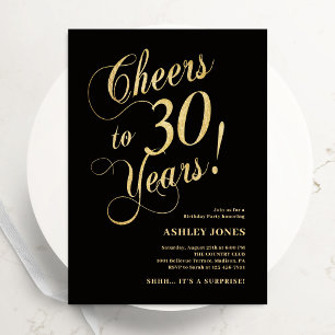 Convite Surpresa de 30º Aniversário Elegante Dourado Preto