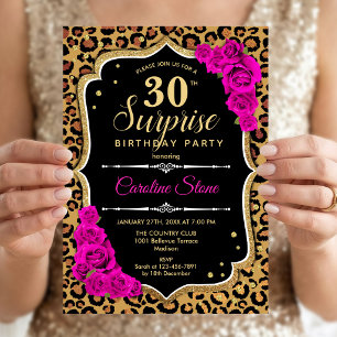 Convite Surpresa de 30º Aniversário - Preto Dourado Rosa L