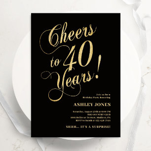 Convite Surpresa de 40º Aniversário Elegante Dourado Preto