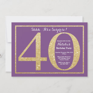 Convite Surpresa de 40 Aniversário Roxo e Dourado Brilho