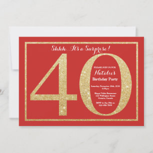 Convite Surpresa de 40 Aniversário Vermelho e Dourado Bril