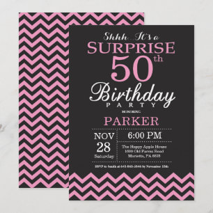 Convite Surpresa de 50º Aniversário Preto e Rosa Chevron