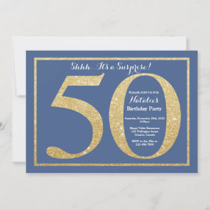 Convite Surpresa de 50 Anos Azul e Dourado Brilhante