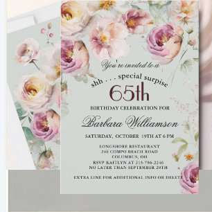 Convite Surpresa de 65 Anos com Flores Pintadas Elegantes