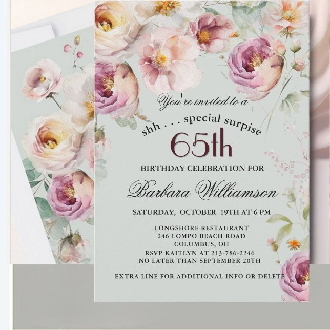 Convite Surpresa de 65 Anos com Flores Pintadas Elegantes (Criador carregado)