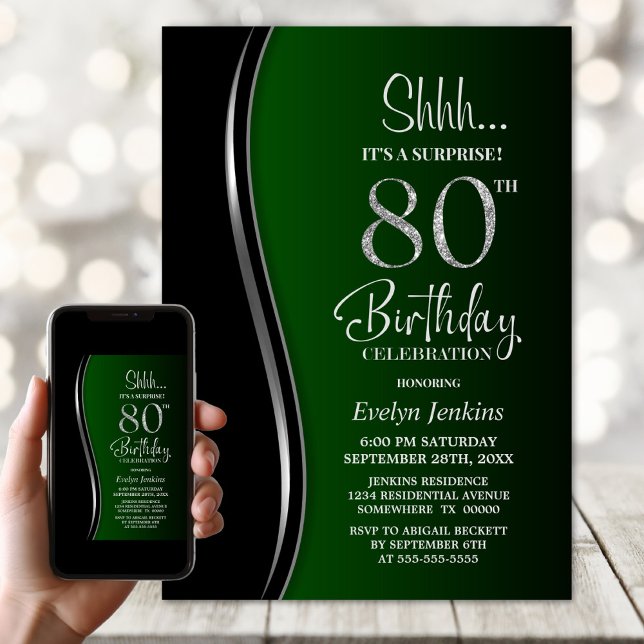 Convite Surpresa de 80º Aniversário Preto e Verde (Criador carregado)