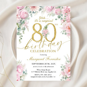 Convite Surpresa de 80 Anos de Idade Bege Dourado Floral E
