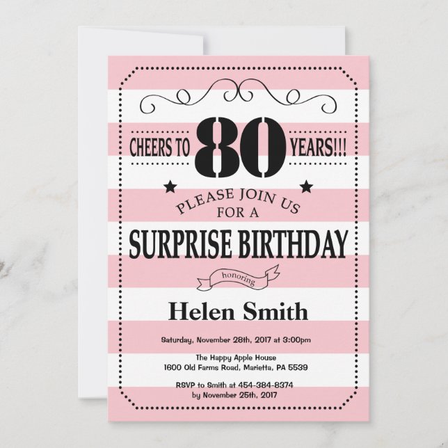 Convite Surpresa de 80 Anos de Idade Listras Rosa e Branco (Frente)