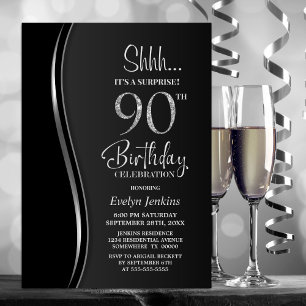 Convite Surpresa de 90º Aniversário Preto e Prata