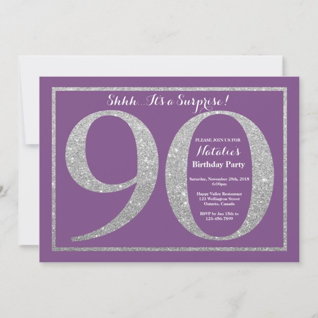 Convite Surpresa de 90 Anos Roxo e Brilho Prata (Frente)