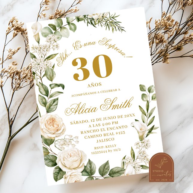 Convite Surpresa de Aniversário com Rosa e Lírio Branco (Criador carregado)