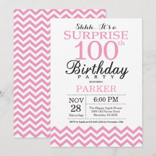 Convite Surpresa de Aniversário de 100 anos Chevron Rosa
