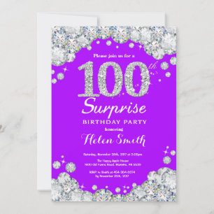 Convite Surpresa de Aniversário de 100 anos Roxo e Diamant