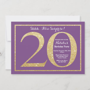 Convite Surpresa de Aniversário de 20 anos Roxo e Dourado