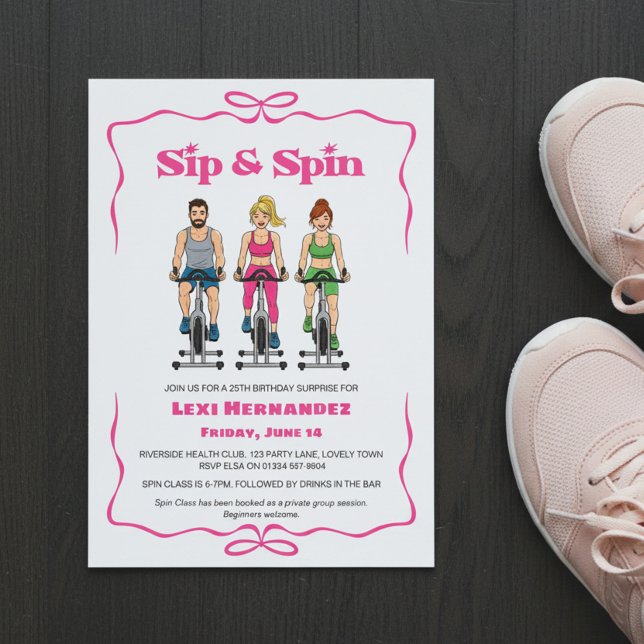 Convite Surpresa de Aniversário de 25 anos do Sip & Spin F (Sip & Spin fun birthday invitation with spin class and after party)