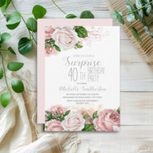 Convite Surpresa de Aniversário de 40 anos Rosa Floral