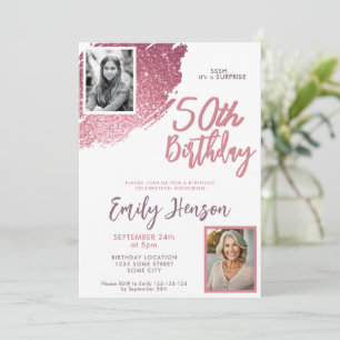 Convite Surpresa de Aniversário de 50 anos com Brilho Rosa