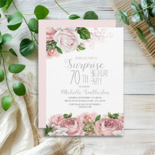 Convite Surpresa de Aniversário de 70 anos Rosa Bege Flora