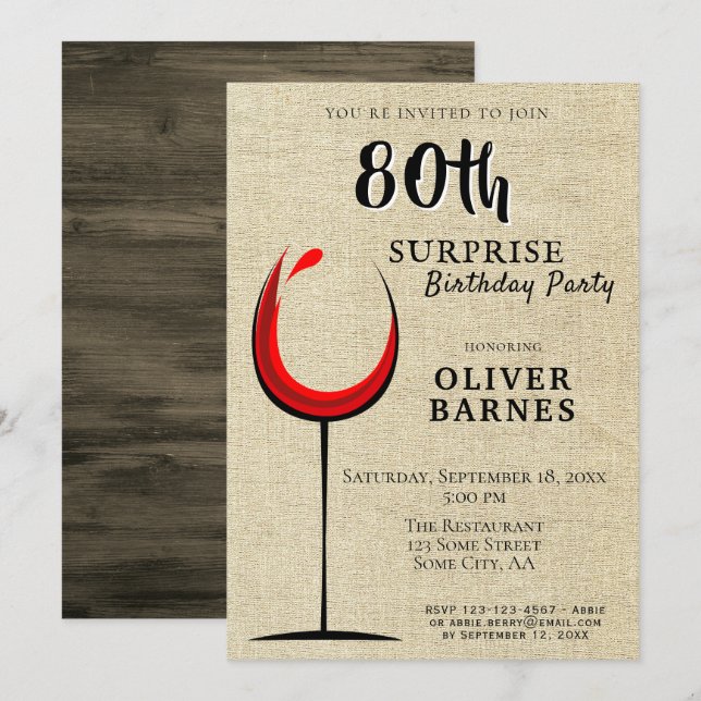 Convite Surpresa de Aniversário de 80 Anos com Vinho Tinto (Frente/Verso)