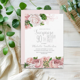 Convite Surpresa de Aniversário de 90 anos Blush Pink Flor