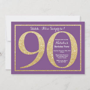 Convite Surpresa de Aniversário de 90 anos Roxo e Dourado