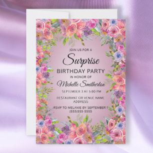 Convite Surpresa de Aniversário Floral Aguarela Rosa Roxo