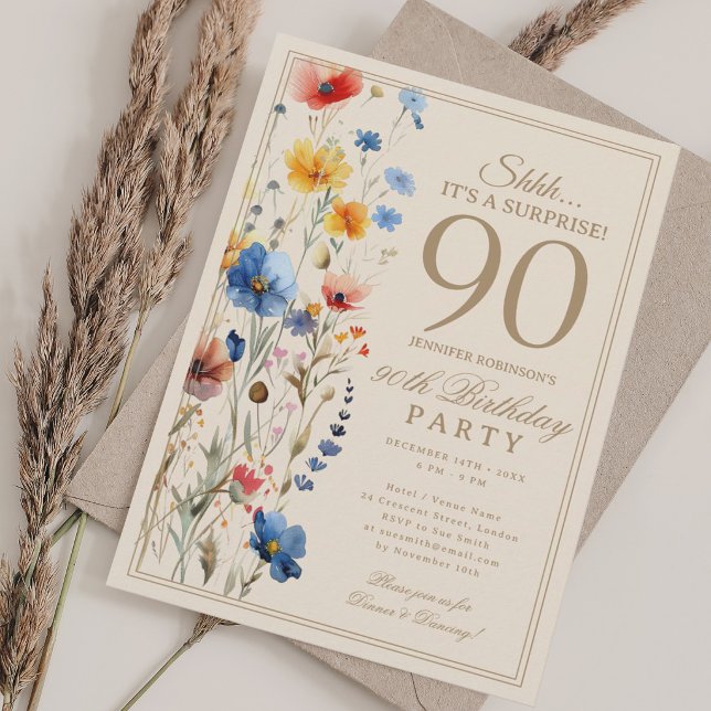 Convite Surpresa de Festa de 90 Anos Boho Floral Para Ela (Boho Floral Surprise 90th Birthday Party For Her Invitation)