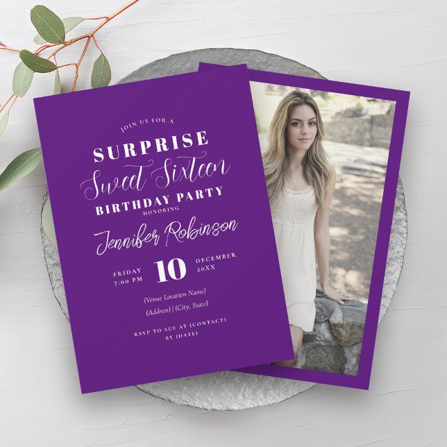 Convite Surpresa de Foto Roxo Simples Doce 16 (Simple Purple Photo SURPRISE Sweet 16 Invitation)