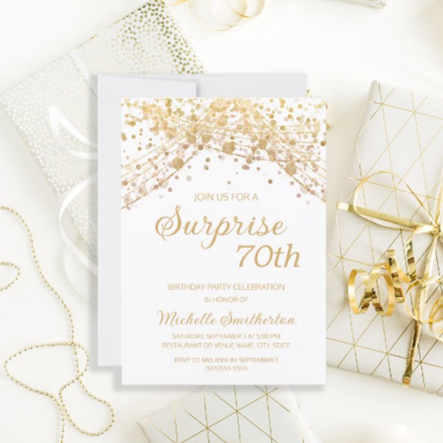 Convite Surpresa de Glitter Ouro Branco para 70º Aniversár (Criador carregado)