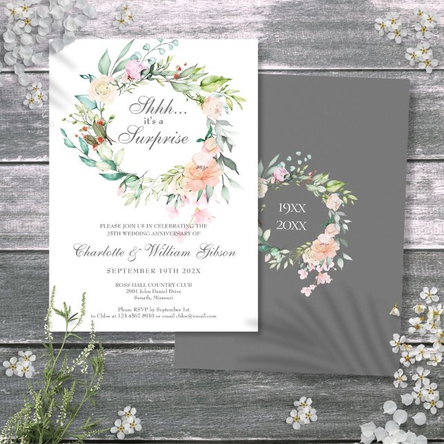 Convite Surpresa de Rosas com Folhagens para Bodas de Prat (Surprise 25th Silver Anniversary Roses Greenery Invitation)