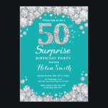 Convite Surpresa do 50º aniversário do Teal e Diamante Pra<br><div class="desc">Surpresa 50º Convite de Aniversário. Plano de Fundo do Teal e do Silver Rhinestone Diamond Turquoise Aqua. Convite para o Elegante Birthday Bash. Aniversário Adulto. Aniversário das mulheres. Homens Aniversário.
Para mais personalização,  clique no botão "Personalizar" e use a ferramenta design para modificar este modelo.</div>