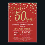 Convite Surpresa do 50º aniversário, Vermelho e Diamante D<br><div class="desc">Surpreenda o 50º Convite de Aniversário com Fundo de Diamante Vermelho e Dourado. Dourado Confetti. Aniversário Adulto. Homens ou Mulheres Aniversário.
Para mais personalização,  clique no botão "Personalizar" e use a ferramenta design para modificar este modelo.</div>