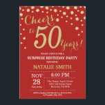 Convite Surpresa do 50º aniversário, Vermelho e Diamante D<br><div class="desc">Surpreenda o 50º Convite de Aniversário com Fundo de Diamante Vermelho e Dourado. Dourado Confetti. Aniversário Adulto. Homens ou Mulheres Aniversário.
Para mais personalização,  clique no botão "Personalizar" e use a ferramenta design para modificar este modelo.</div>