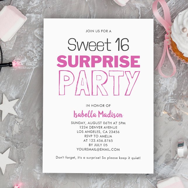 Convite Surpresa Doce 16 Festa de aniversário rosa (Surprise Sweet 16 Pink Birthday Party Invitation
)