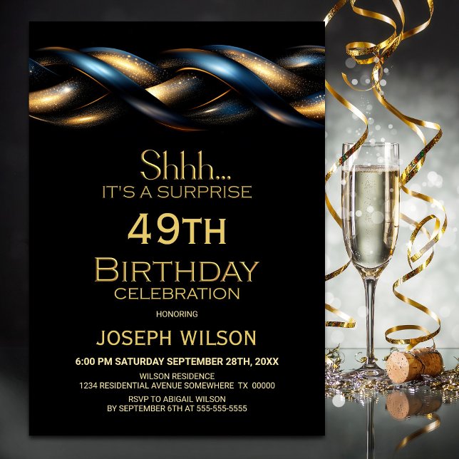 Convite Surpresa Dourada Azul Preta Qualquer Festa de aniv (Criador carregado)