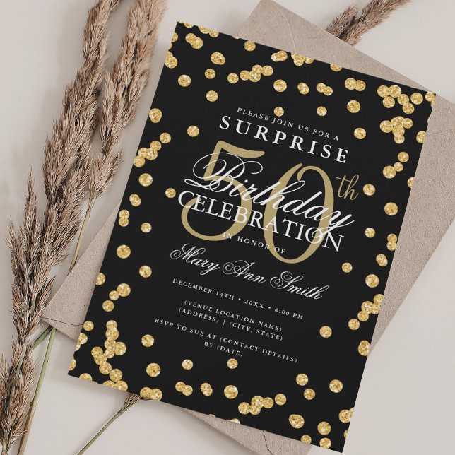 Convite SURPRESA Elegante 50º aniversário Dourado Negro (Elegant SURPRISE 50th Birthday Gold Black Invitation)