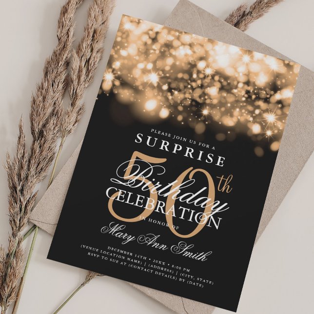 Convite SURPRESA Elegante 50º aniversário Luxurioso Dourad (Elegant SURPRISE 50th Birthday Luxurious Gold Invitation)