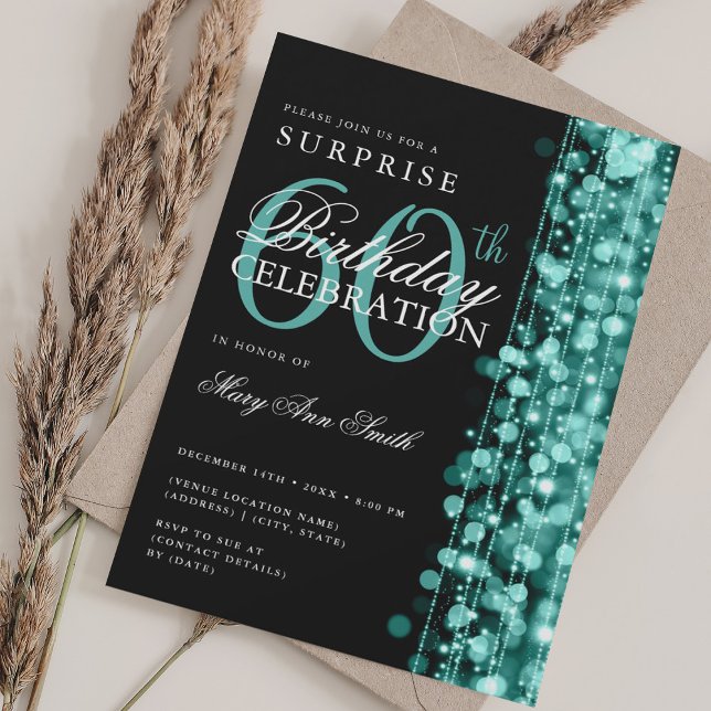 Convite Surpresa Elegante 60º Aniversário Ganha Turquesa (Elegant Surprise 60th Birthday Sparkles Turquoise Invitation)