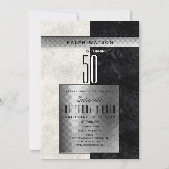 Convite Surpresa Elegante Aniversário de 50 anos (Frente)