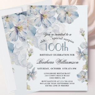 Convite SURPRESA Elegante Floral Azul Aniversário de 100 a