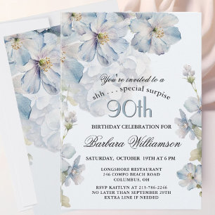 Convite SURPRESA Elegante Floral Azul Aniversário de 90 an
