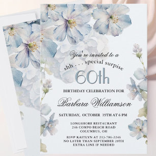 Convite SURPRESA Elegante Floral Azul para 60º Aniversário