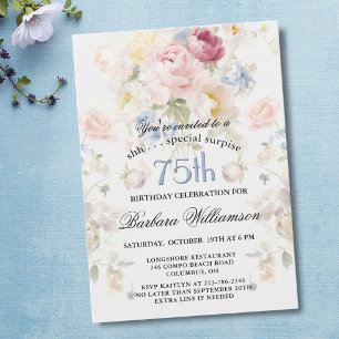 Convite SURPRESA Elegante Floral Pintado Aniversário de 75