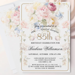 Convite SURPRESA Elegante Floral Pintado Aniversário de 85