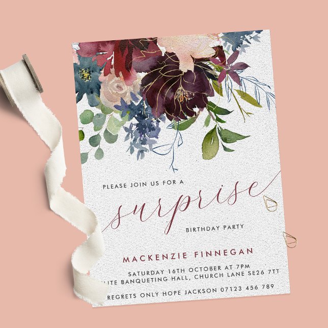 Convite Surpresa Festa de aniversário Borgonha e Marinho F (Criador carregado)