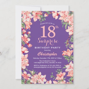 Convite Surpresa Floral 18º Aniversário Flores Rosa Púrpur