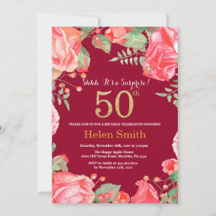 Convite Surpresa Floral 50º aniversário Dourado Vermelho