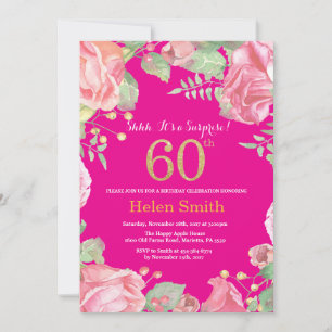 Convite Surpresa Floral 60º aniversário Dourada e rosa q