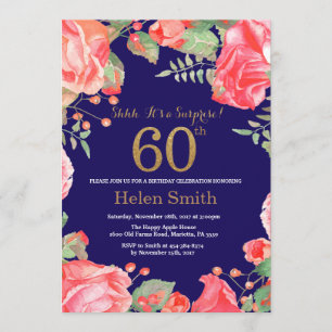 Convite Surpresa Floral 60º Aniversário Dourado Azul