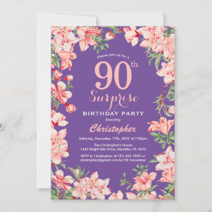 Convite Surpresa Floral 90 de Aniversário Flores Rosa Pú